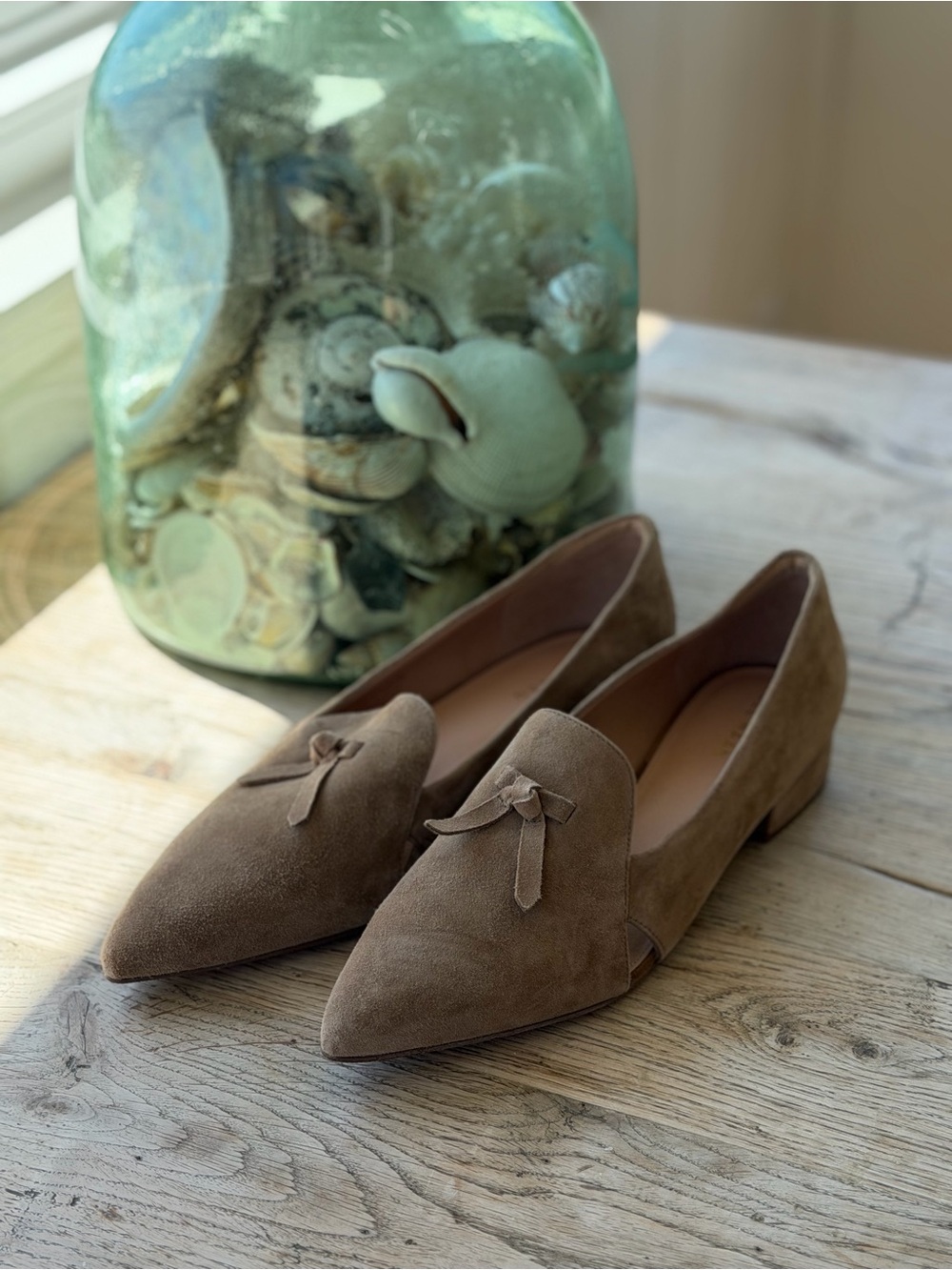 New Cole Haan Taupe Suede Pointed-Toe Loafers with Bow